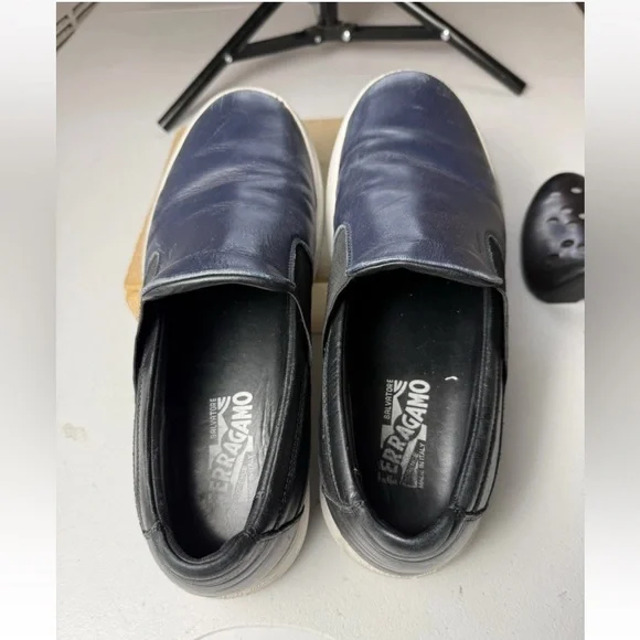 Salvatore Ferragamo Men Sz 8.5 EE Loafers navy leather uppers slip-on sneakers - Picture 7 of 13
